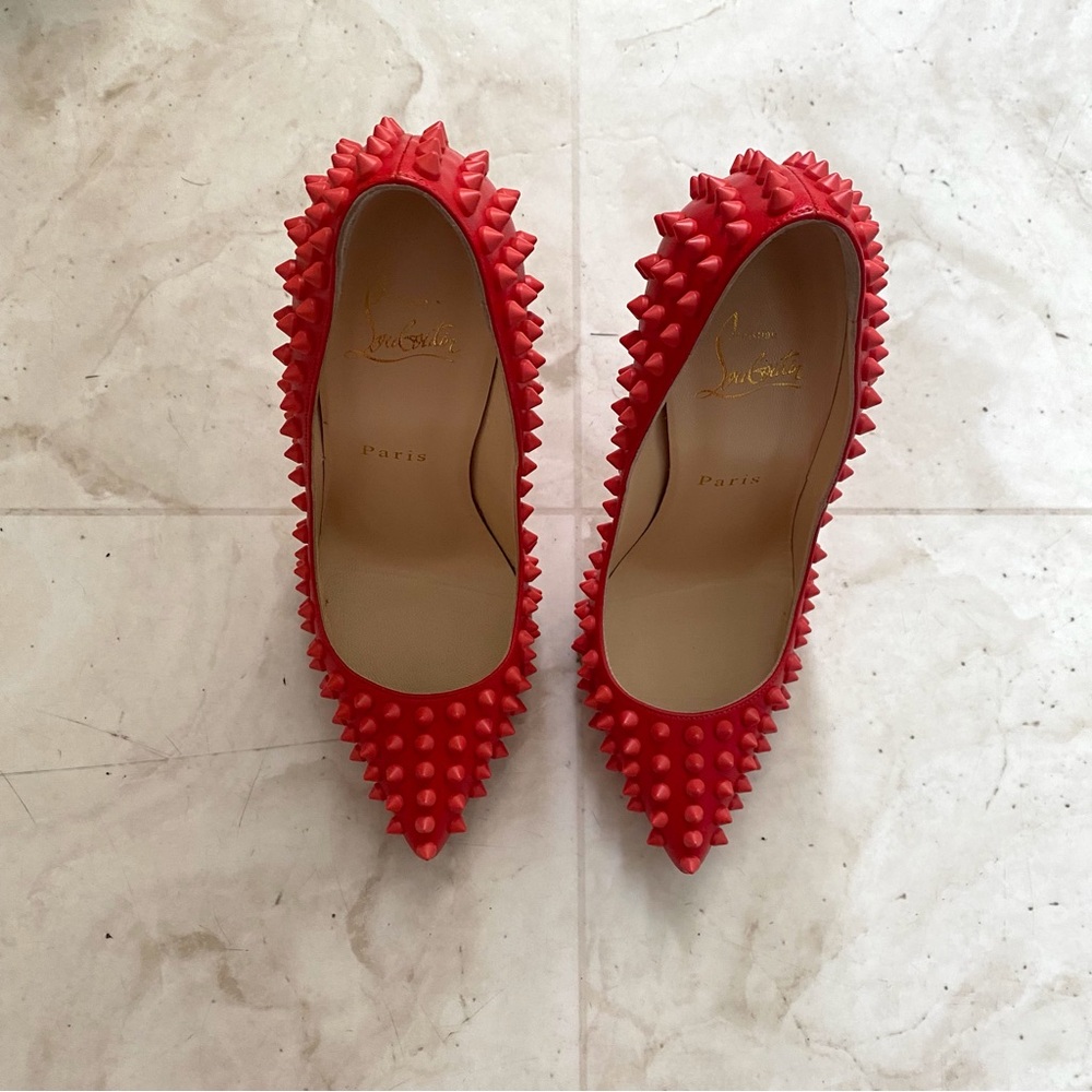 Christian Louboutin Pigalle Spikes 120 Pointed Toe Red Leather Pumps Heels 6.5 - Picture 4 of 14